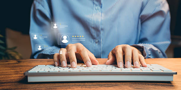 istock Online reputation concept. Hands typing keyboard with digital user rating icons, customer feedback system, review management, trust building, service quality and credibility. 2253039102