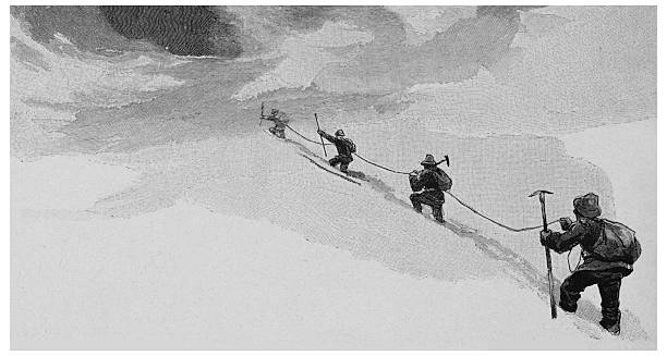 Historical illustration showing a group of explorers linked by a rope traversing a high-altitude glacier or snow field.