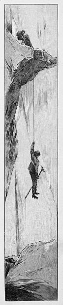 Historical vertical illustration showing a climber suspended on a rope over a precipice, carrying a mountain axe, with companions at the top.