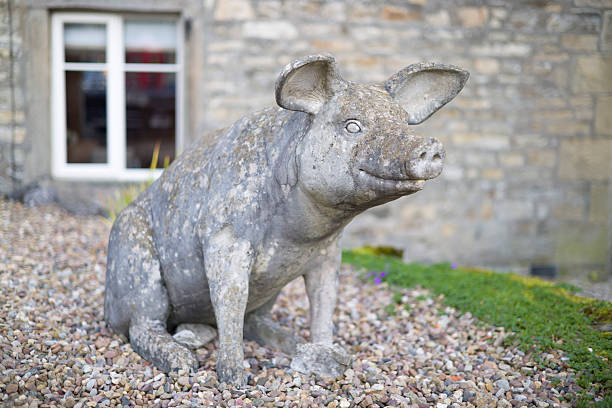 Yorkshire Dales, UK - September 16, 2024. Decorative stone pig sculpture in a front garden outside a stone cottage in Grassington, Wharfedale, Yorkshire Dales, UK