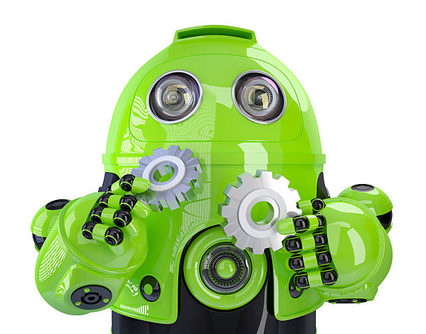 Green robot with gears. Technology concept. Isolated, contains clipping path.