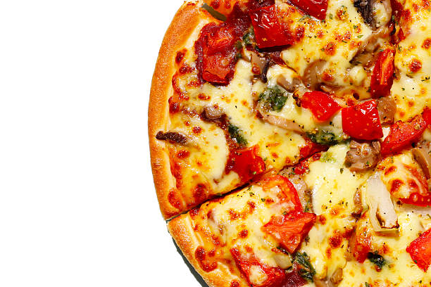Vegetarian pizza topped with melted cheese, mushrooms, onions, and tomatoes.