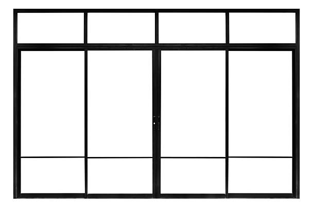 istock Real modern black store front double glass door window frame isolated on white background 2253051563