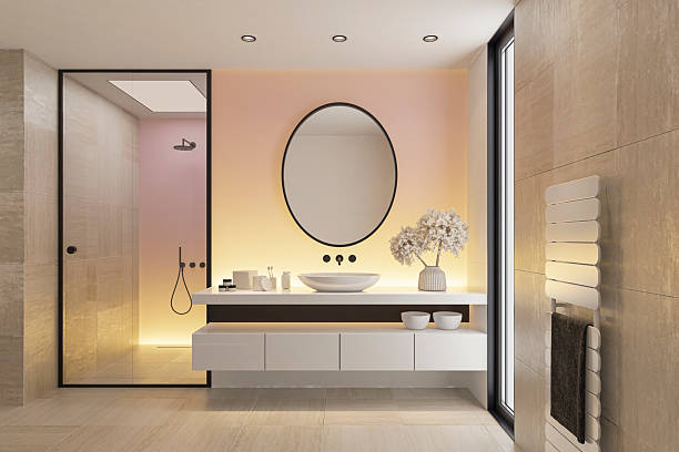 istock Elegant Minimalist Bathroom with Warm Behind the Wall Lighting 2253054148