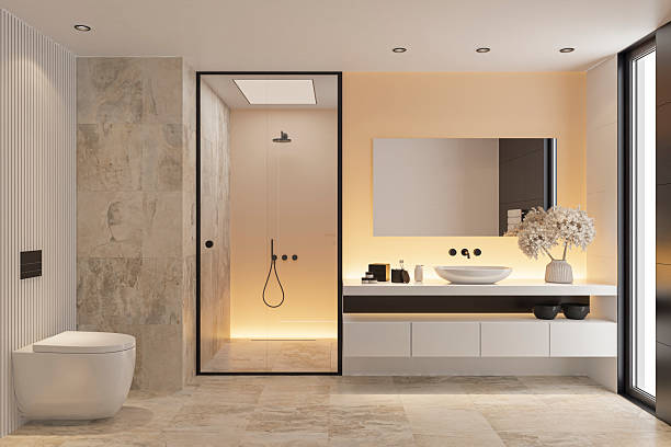 istock Elegant Minimalist Bathroom with Warm Behind the Wall Lighting 2253054178