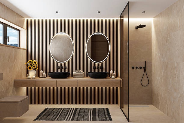 istock Japandi Spa Bathroom Interior with Pine Wood and Beige Natural Stone Spa Elements Day Scene 2253054183