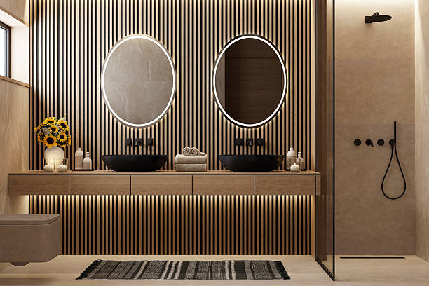 istock Japandi Spa Bathroom Interior with Pine Wood and Beige Natural Stone Spa Elements Day Scene 2253054185