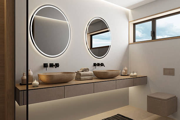 istock Minimalist Bathroom with Scandinavian Japandi Spa Aesthetic 2253054189