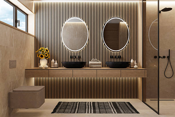 istock Japandi Spa Bathroom Interior with Pine Wood and Beige Natural Stone Spa Elements Day Scene 2253054203