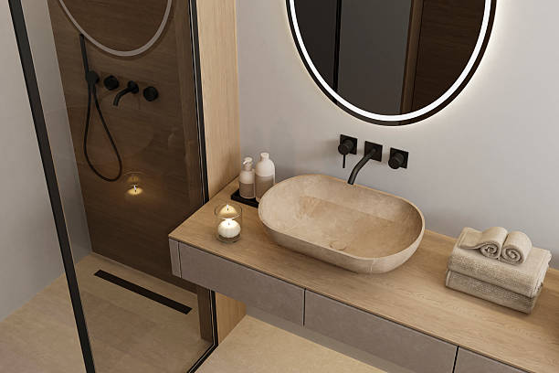 istock Minimalist Bathroom with Scandinavian Japandi Spa Aesthetic 2253054397