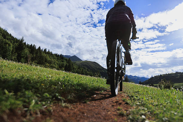 A mountain biker stands triumphantly on a rocky outcrop, lifting their bike overhead against a backdrop of stunning alpine scenery and clear blue skies.