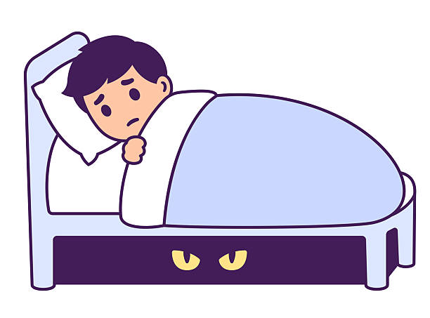 Boy with monster under his bed Little boy can't sleep, scared of monster under his bed. Childhood fears, bedtime anxiety. Cute cartoon vector illustration. kid scared bed stock illustrations