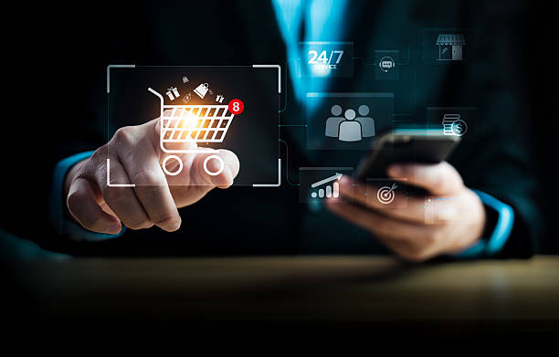 istock Smart online shopping and digital commerce interface with virtual cart notification, customer analytics and 24 7 service concept for ecommerce marketing, retail technology, modern business growth 2253057785