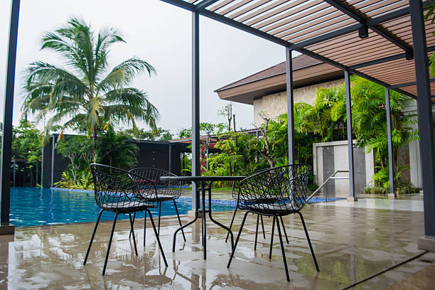 istock Table and chairs beside the swimming pool 2253059405