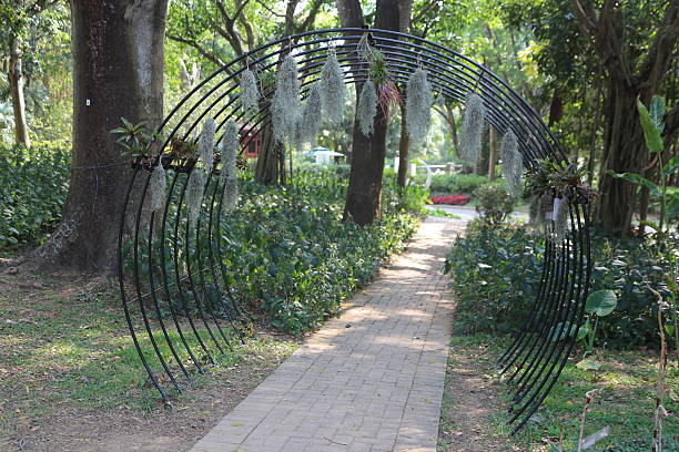 black steel arch with a circular frame for hanging plants in the park, surrounded by greenery and trees. the walkway leads through an area of flowers on both sides.