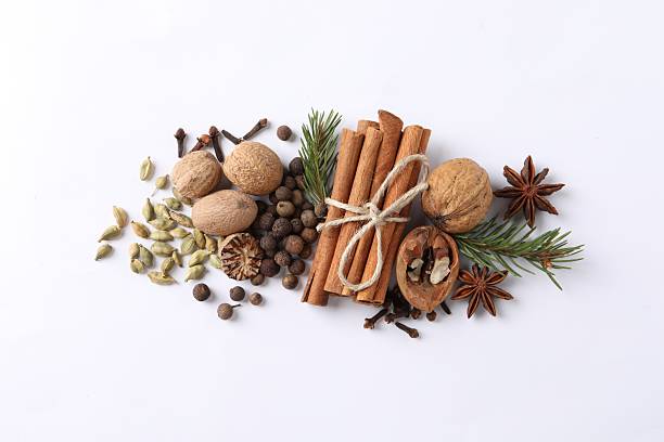 istock Different spices and fir branches on white table, flat lay 2253062481