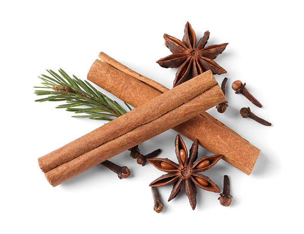istock Different spices and fir branch on white background, top view 2253063094