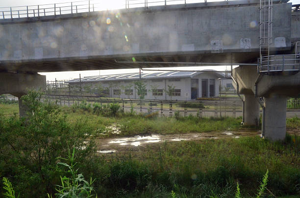 A sleek electric train glides past a modern maintenance facility in South Korea, framed by urban infrastructure and manicured greenery. Overhead power lines trace the route’s electrification, while the adjacent sidewalk and road suggest seamless integration of transit and civic space. Seoul South Korea, August 24, 2013