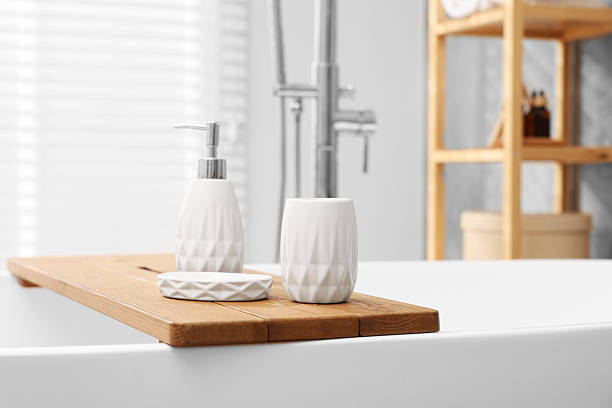 istock Set of bath accessories on tub in bathroom 2253063928