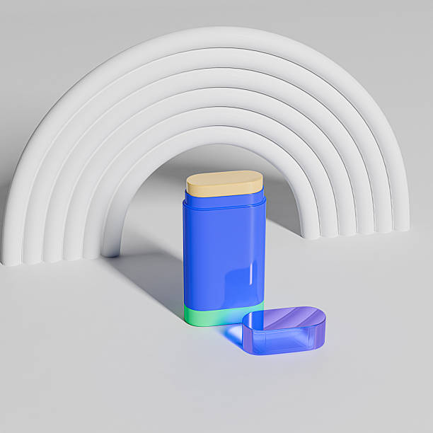 istock Blue plastic Sunscreen Stick packaging, oval shape Rotating cosmetic blush stick mockup, trendy solid cream container with clear plastic enclose cap, Push up Antiperspirant Deodorant Tube 2253065243