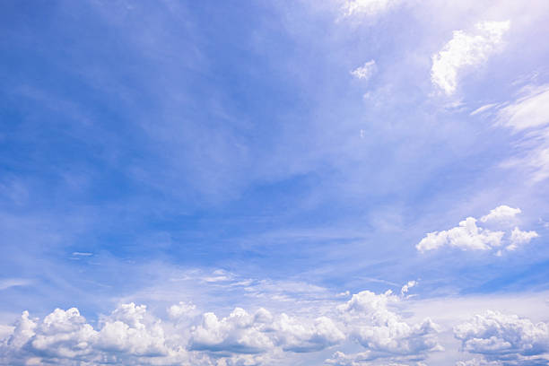 istock Panoramic view of clear blue sky and clouds, Blue sky background with tiny clouds. White fluffy clouds in the blue sky. Captivating stock photo featuring the mesmerizing beauty of the sky and clouds. 2253066478