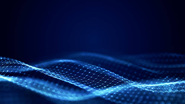 istock Blue glowing mesh wave with dots and lines on a dark background, representing futuristic digital technology and data flow. 3D Rendering 2253072404