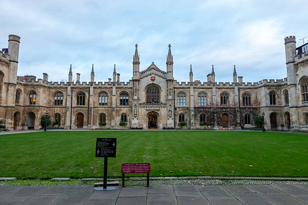 Cambridge, UK - November 28, 2025: Corpus Christi College, Cambridge University main building and lawn