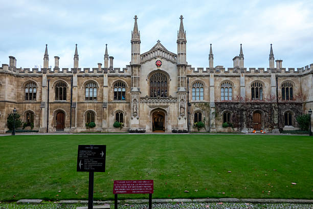 Cambridge, UK - November 28, 2025: Corpus Christi College, Cambridge University main building and lawn