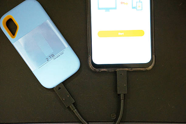 istock An external portable SSD connected to a smartphone via USB-C cable. 2253075894