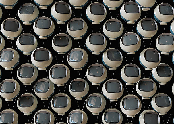 3D render of a random array of vintage futurism sphere-shaped 1970s televisions with blank screens, isolated on a clean background. Ideal for retro design, technology concepts.