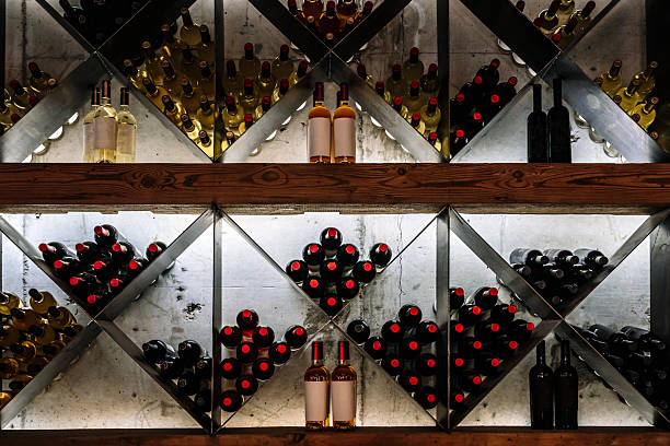 istock Modern Wine Cellar Display with Wooden Grid and Backlighting 2253080253