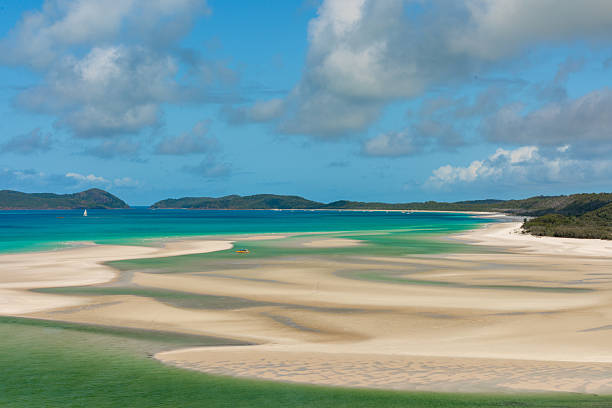 Whitehaven beach's white sand and turquoise water merging, forming natural patterns under blue sky
