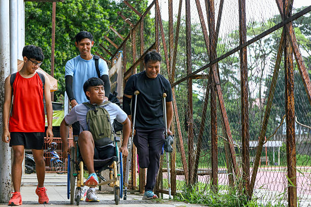 Diversity Sports Men Walking Together on Stadium Sidewalk