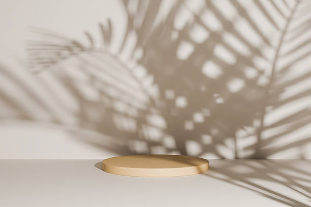 istock Beige podium with strong tropical palm leaf shadows 2253084994