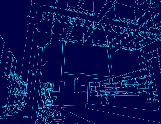 istock A detailed blueprint of a professional boxing gym features a central ring surrounded by weights and punching bags. The deep blue background emphasizes a serious training environment. 2253088349
