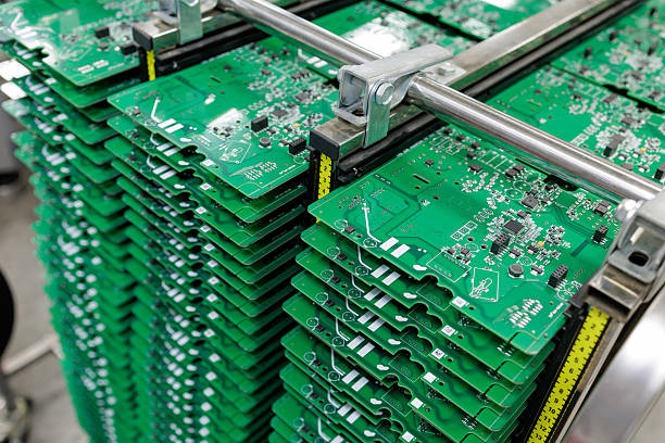 istock Stacked printed circuit boards in automated SMT manufacturing line 2253088490