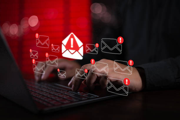 istock Cyber security awareness concept showing an email inbox with spam or virus alerts, warning signs for suspect emails, junk mail, and internet security threats. 2253089574