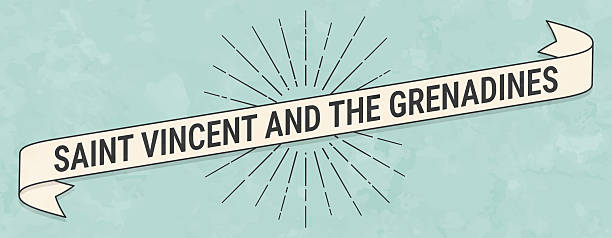 Saint Vincent and the Grenadines. Banner, ribbon, label in a trendy vintage style. Beautiful retro ribbon with old textured paper and sunbursts in the background. Colors used: green, blue, beige and black. The banner is beige with a black outline, the sunbursts and the text are black. The background is green-blue. Vector Illustration (EPS file, well layered and grouped). Easy to edit, manipulate, resize or colorize. Vector and Jpeg file of different sizes.