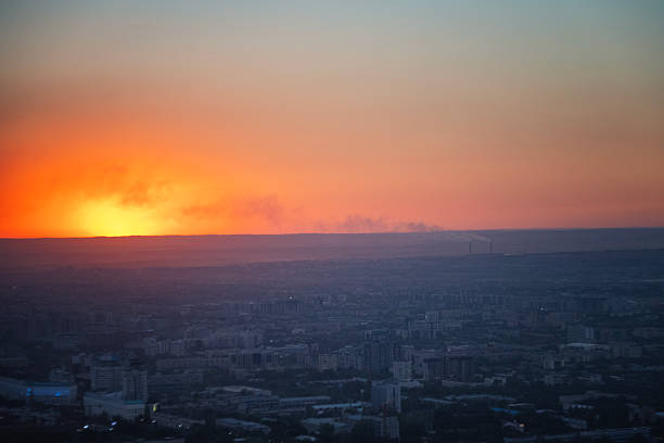 The city basking in the orange sunset glow