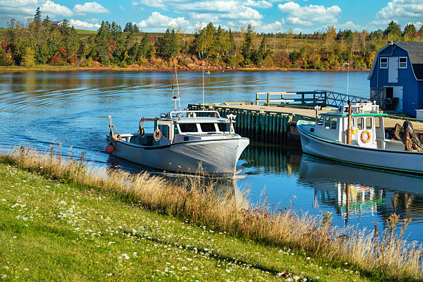 Lobster fishing boat sailing into port in rural Prince Edward Island, Canada.