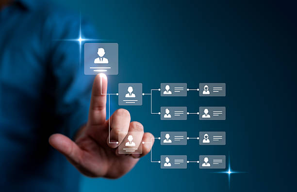 istock Businessman points to a virtual screen to arrange organization charts, mind maps, or organigrams, while an HR manager manages company structure, resource leveling, and career path planning. 2253108988