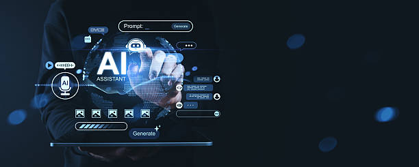 istock Futuristic AI assistant interface with holographic content generation concept in digital new era technology environment on dark background. 2253110732