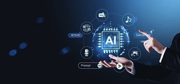 istock Futuristic concept of AI technology generating content using prompts in a digital interface with icons for media, text, audio, and translation. 2253111626