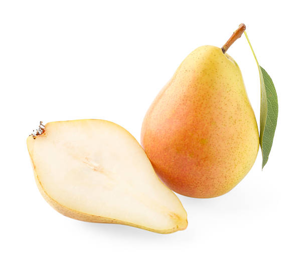 istock Whole and cut pears with green leaf isolated on white 2253113839
