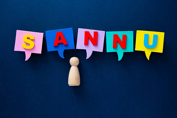 istock Sannu greeting and communication bubble with wooden figure 2253115376