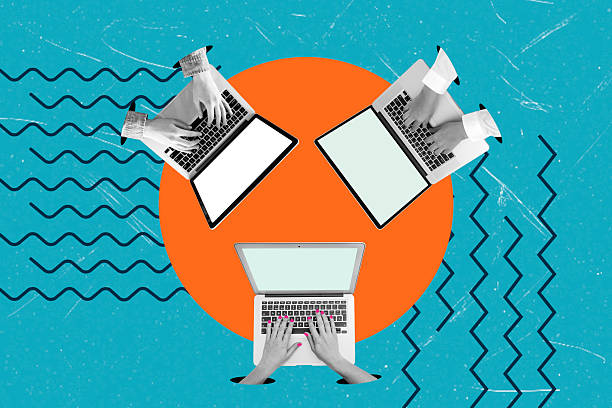 Three hands type on laptops, each surrounded by different colorful patterns. The scene shows an assortment of activities, merging technology and creativity.