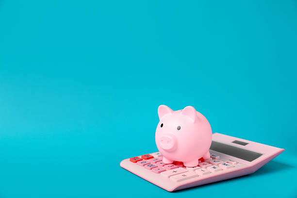 istock Piggy bank and calculator on blue background. Space for text 2253118861