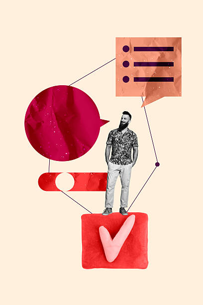istock Trend artwork creative sketch 3D photo collage of young man stand check box done speech communication conversation discussion message 2253120327