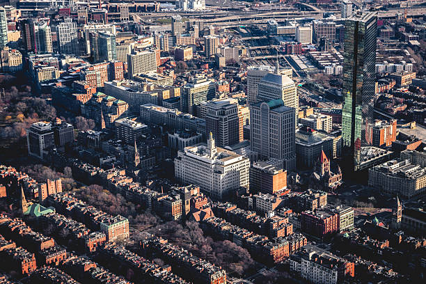 Boston skyline at the evening. View on downtown and John Hancock Tower from the top