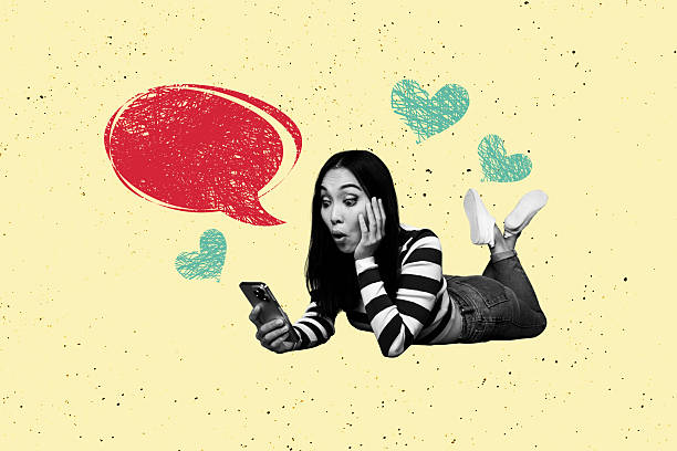 istock Composite artwork photo collage template sketch of feedback box sticker speech cloud young woman lying down hold smartphone like message 2253121340